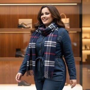 Burberrys of London Vintage 100% Lambswool Scarf Navy Nova Check Plaid Scotland